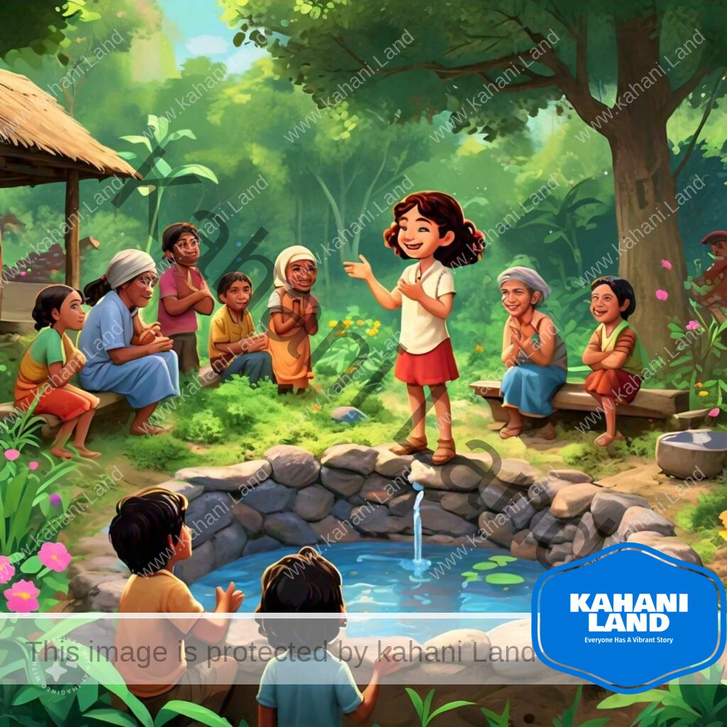 one of the story from "Short Stories For Kids With Pictures." Here- A little girl named Chinki explaining her plan to the villagers about building a pond to collect rainwater, with villagers eagerly listening and nodding in agreement.