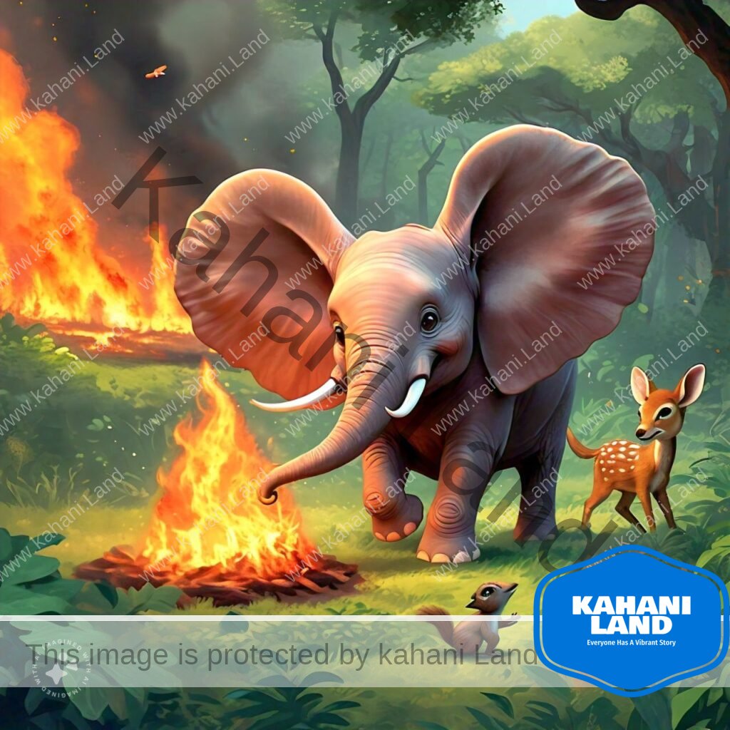 one of the story from "Short Stories For Kids With Pictures." A friendly elephant using its large ears to create wind, helping to put out a forest fire while other animals watch in amazement.