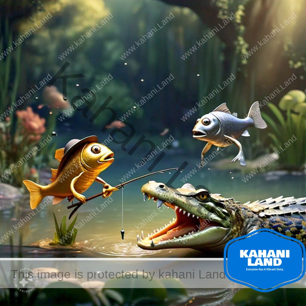 one of the story from "Short Stories For Kids With Pictures." Here- Two fish, one golden and one silver, using their intelligence to outsmart a large crocodile in a pond, while other fish watch from a distance.