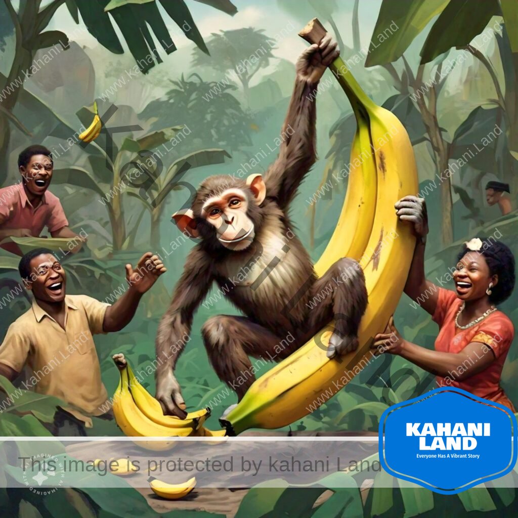 one of the story from "Short Stories For Kids With Pictures." Here- A mischievous monkey slipping off a fake banana tree, while villagers watch and laugh.