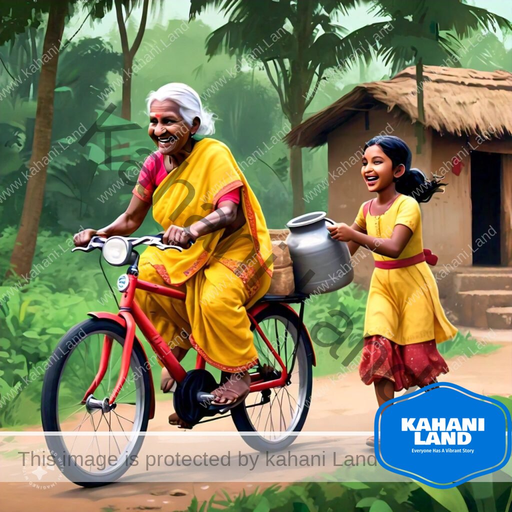 one of the story from "Short Stories For Kids With Pictures." Here- A joyful girl named Neelu riding her new bicycle, helping an elderly woman carry a heavy water pot to her home.