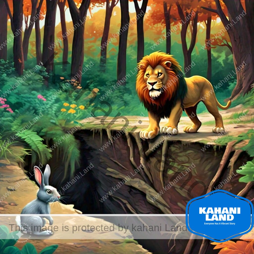 A clever rabbit near a deep pit in the forest, tricking a large lion who is about to fall into the pit.