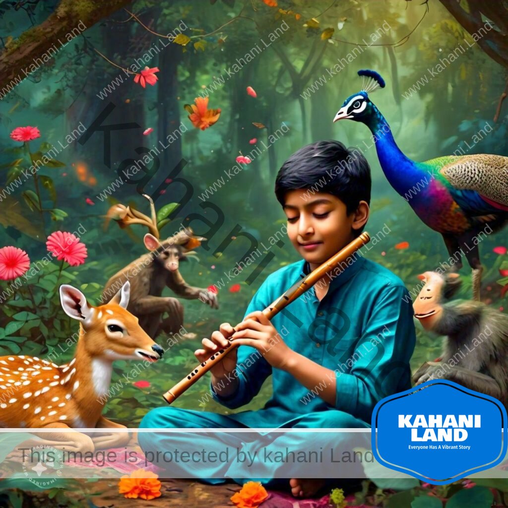 one of the story from "Short Stories For Kids With Pictures." Here- A boy named Sonu playing a flute in the forest, with animals gathering around, dancing and smiling as they listen to the beautiful music.