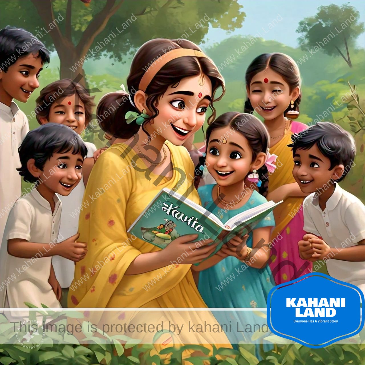 one of the story from "Short Stories For Kids With Pictures." Here- A happy girl named Kavita surrounded by village children, holding her recovered book of poems with a big smile.